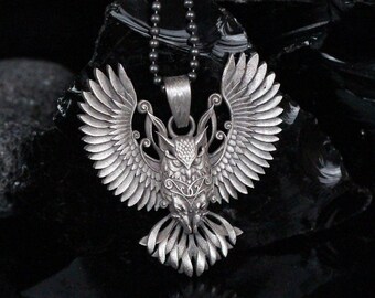 Winged Owl Silver Necklace, Large Owl Charm Necklace, Bird Necklace, Goth Pendant, Athena’s Owl Necklace, Spirit Bird Gift, Owl Jewelry