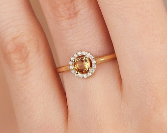 14k Solid Gold Citrine Ring: Diamond Halo Promise Ring