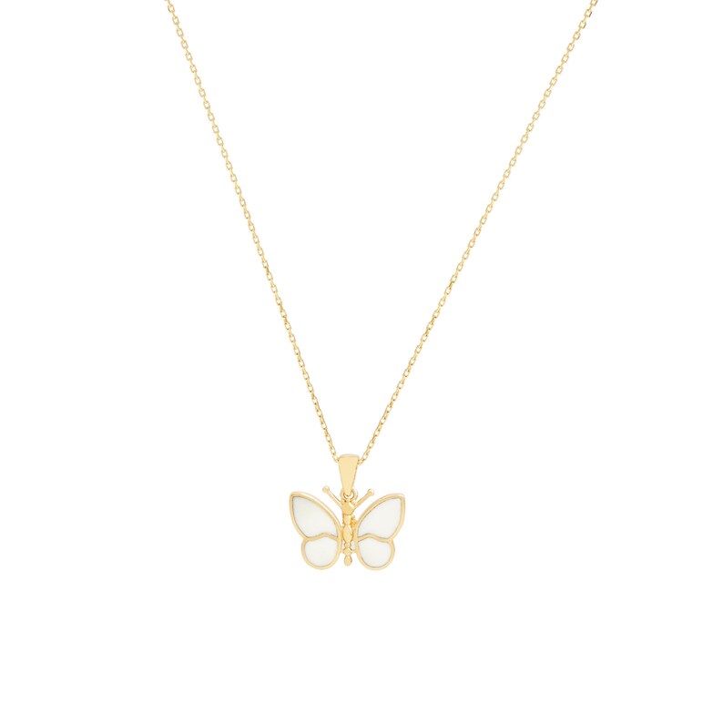 14K Solid Gold White Butterfly Necklace, Diamond Cute Butterfly Necklace, Dainty White Butterfly Necklace, Simple Gold Butterfly Pendant image 4