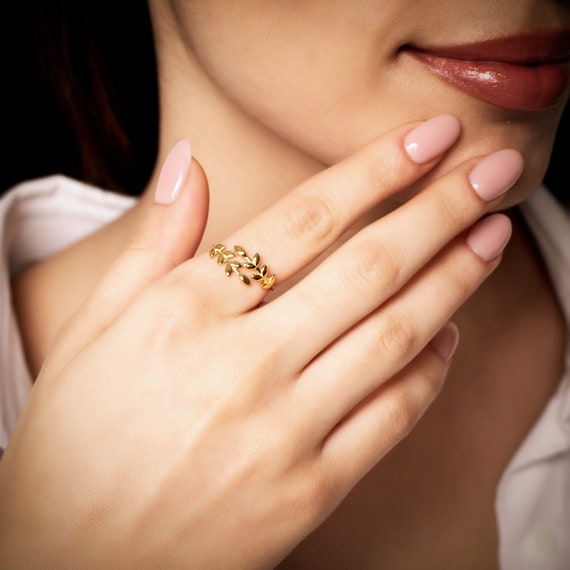 14K Solid Gold Leaf Branch Ring Open Adjustable Leaf Ring Dainty