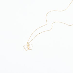 14K Solid Gold White Butterfly Necklace, Diamond Cute Butterfly Necklace, Dainty White Butterfly Necklace, Simple Gold Butterfly Pendant image 5