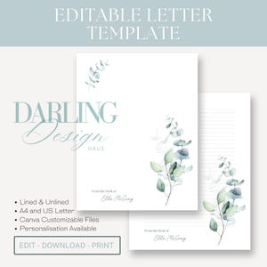 Personalized Stationery Editable Template Eucalyptus Leaves Letter Writing Paper Printable Digital
