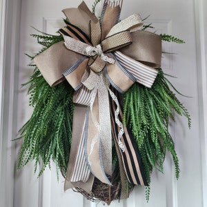 Rustic Farmhouse Wreath with Burlap Ribbon, Greenery Fern Wreath, Elegant Front Door Decor, Handmade Natural Wreath, Year-round Decoration