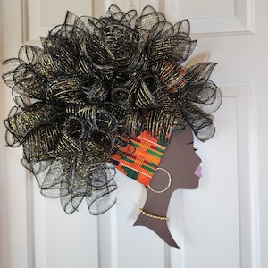 Diva Afrocentric Wall Art Wreath, Kente Fabric & Deco Mesh Curls ,Perfect for Black History Month, African Heritage Home Decor, Juneteenth