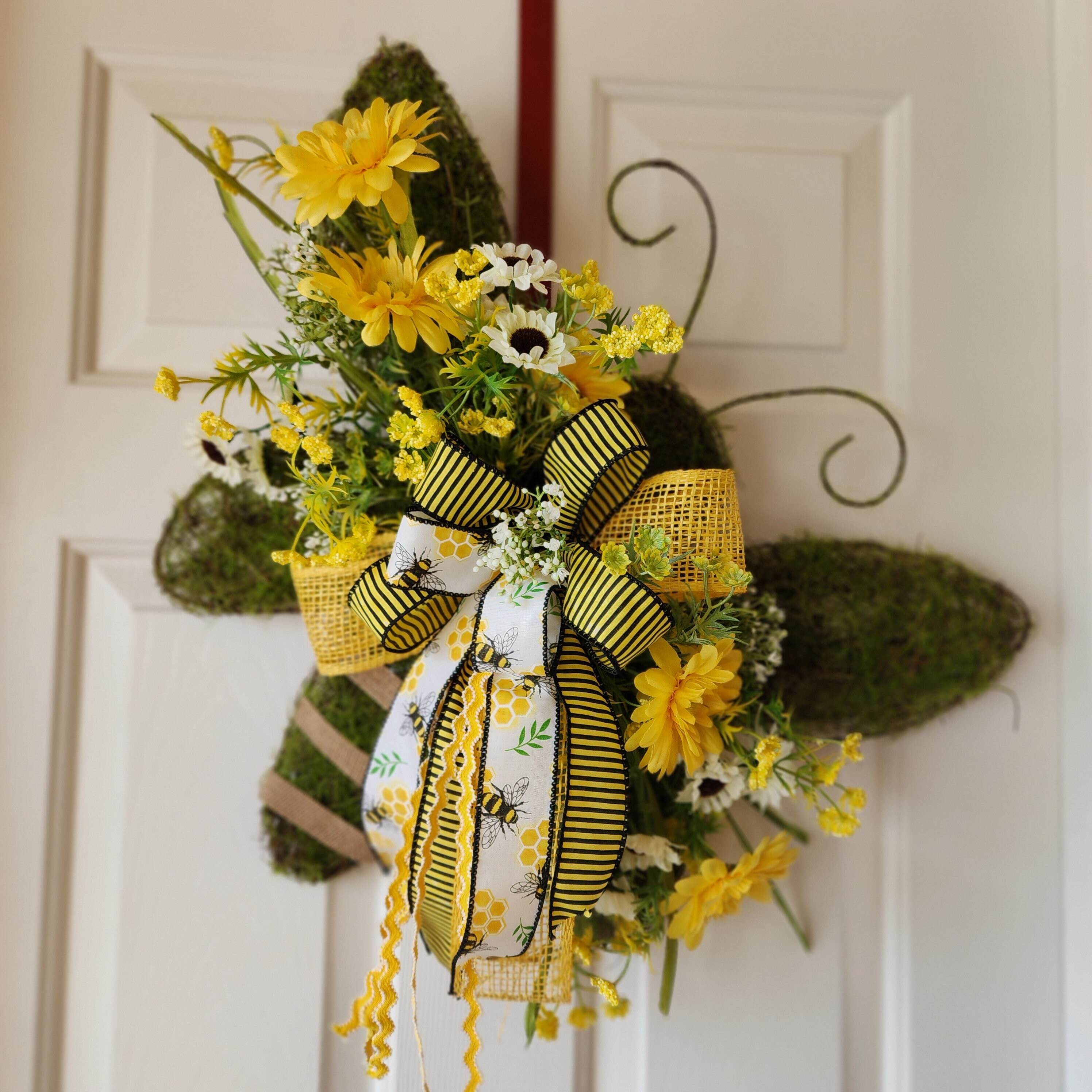 Moss Covered Bee Wreath for Front Door, Moss Base Wreath, Bee Decor