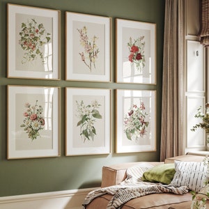 Vintage-Blumendrucke, minimalistische botanische Kunst zum Ausdrucken, 6er-Set florale Bilderwand.