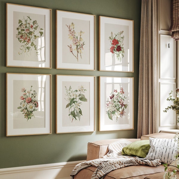 Vintage-Blumendrucke, minimalistische botanische Kunst zum Ausdrucken, 6er-Set florale Bilderwand.
