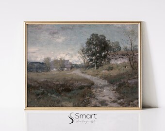 Vintage Farmhouse Painting: Rustic Cottage Landscape Art (Digital Download)