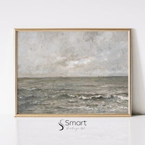 Vintage Seascape Painting,Ocean Landscape Print,Neutral Coastal Printable Wall Art,Seascape Print,Coastal Beach Painting,Muted Seascape,28