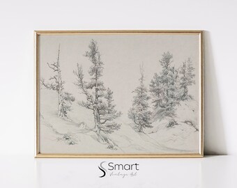 Arte de pared de dibujo de bosque, boceto de bosque vintage, impresión de paisaje de bosque, impresión de dibujo de árbol, paisaje de impresión de arte de boceto, arte imprimible de dibujo, 85