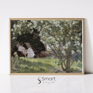 Rose Garden Painting,Woman Reading Portrait,Cottage Garden Print,Summer Garden Decor,White Roses Print,Vintage Summer Farmhouse Print,87
