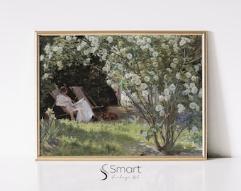 Pintura de jardín de rosas, retrato de lectura de mujer, impresión de jardín de cabaña, decoración de jardín de verano, impresión de rosas blancas, impresión de granja de verano vintage, 87