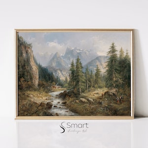 Mountain Landscape Painting,Vintage Forest Print,Rustic River Print Wall Art,Muted Vintage Art Print Landscape,Cottage Painting Printable,72