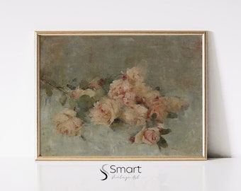 Vintage Roses Still Life Painting: Neutral Floral Art Print (Digital Download)