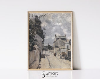 フランスの村の風景プリント：ヴィンテージの街並みの壁アート（デジタルダウンロード）
