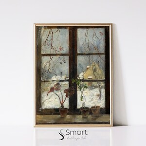 May include: A framed oil painting depicting a window view of a snowy winter scene. The window is divided into four panes and shows a house with a snow-covered roof and trees in the background. There are three potted plants on the windowsill.