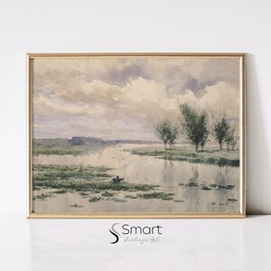 River Landscape Painting,Vintage Nature Print,Spring Landscape Watercolor Painting,River Wall Decor,Muted Green Wall Art,Farmhouse Decor,33