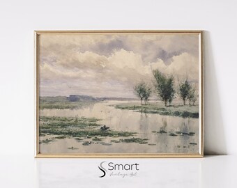 Vintage River Landscape Watercolor Painting: Muted Green Nature Print (Digital Download)