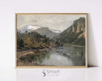 Vintage Mountain Lake Landscape – Rustic Lake House Wall Art Digital Print