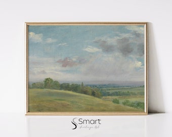 Vintage Spring Meadow Oil Painting: Muted Green Landscape Art (Printable)