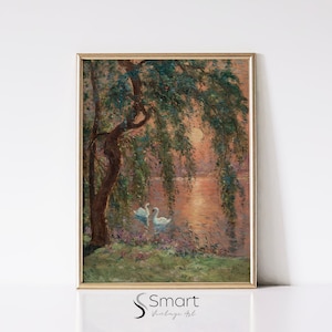 Vintage Swan Print,Sunset Painting Art Print,Forest Landscape Painting,Lake Landscape Art,Swan Lake Painting Print,Forest Lake Painting,143