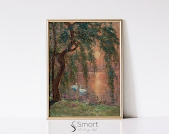 Vintage Schwanensee Poster - Sonnenuntergang Wald Landschaft Gemälde Digitale Wandkunst