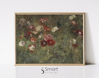 Puede incluir: Una pintura enmarcada de un campo de amapolas rojas, rosas y blancas. Las flores están pintadas en un estilo realista con un toque suave e impresionista. El fondo es un verde y marrón borroso, lo que sugiere un campo o una pradera.