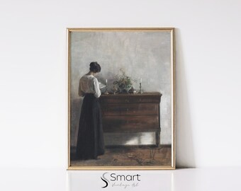 Woman Reading Oil Painting,Vintage Portrait Wall Art Digital Download,Muted Interior Print