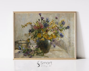 Vintage Wildflower Still Life Oil Painting: Botanical Art Print (Digital Download)