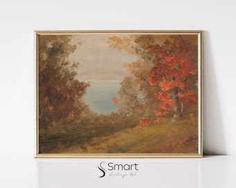 Pintura de paisagem vintage – Árvores de outono à beira do lago Arte de parede digital