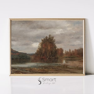Autumn Painting Wall Art,Fall Landscape Painting,Vintage Autumn Lake Landscape Painting,Fall Tree Wall Art Print,Warm Tone Wall Print,111