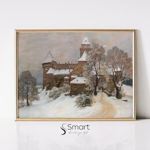 Vintage Winter Castle Print: Snowy Landscape Painting (Digital Download)