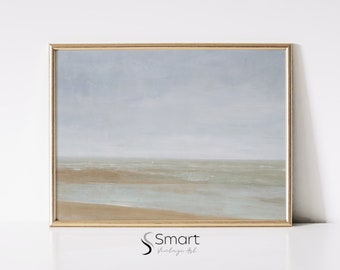 Vintage Neutral Beach Painting – Coastal Seascape Wall Art Digital Download