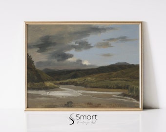 Vintage River Wall Art Print – Moody Landscape Oil Painting Digital Download