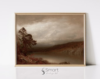 Pintura vintage de lago de outono - arte de parede com paisagem de outono, impressão digital