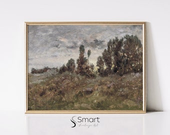 Pintura de paisagem campestre vintage: impressão de decoração de casa de fazenda com atmosfera sombria (download digital)