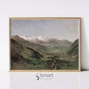Vintage Mountain Landscape Painting,Muted Green Tonal Landscape Print,Green Valley Painting,Mountain Art Printable,Neutral Landscape Print
