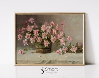 Vintage Roses Still Life Oil Painting: Floral Vase Printable Art