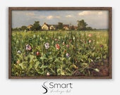 Meadow Landscape Painting Vintage Spring Wall Art Farmhouse Decor Wildflower Drawing Muted Green Nature Cottage Scenery K043