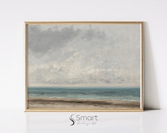 Vintage Seascape Painting: Coastal Beach House Art (Digital Download)