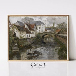 Vintage European Village Painting,Canal Houses Wall Art,Cityscape Painting,Neutral Farmhouse Printable Decor,Village Landscape Art Print,8