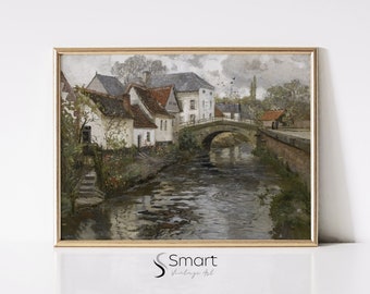 Vintage European Village Painting: Canal Houses, Farmhouse Decor (Digital Download)