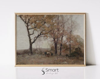 Vintage Fall Landscape Painting: Autumn Farmhouse Wall Art (Digital Download)
