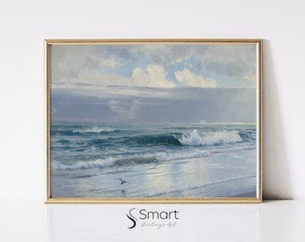 Vintage Seascape Painting: Coastal Beach House Art (Digital Download)