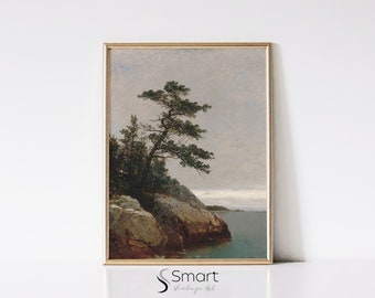 Pintura de paisaje costero, pino imprimible, decoración de arte de pared junto al mar, pintura de paisaje marino vintage, impresión de arte de pintura de árbol, arte de pared de árbol, 96