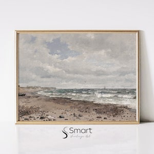 Seaside Landscape Oil Painting,Vintage Coastal Wall Art,Beach Painting Seascape Landscape,Coastal Art Print,Printable Seaside Painting,92