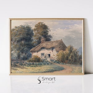 Vintage Cottage Painting,Farmhouse Painting Country Landscape Watercolor Print,Farmhouse Printable Wall Art,Neutral Farmhouse Decor Print,40