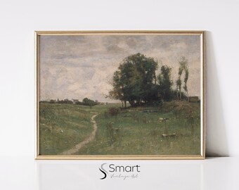 Vintage Countryside Landscape Painting: Farmhouse Art Print (Digital Download)