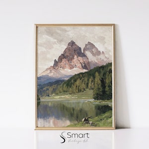 Mountain Wall Art Print,Vintage Landscape Oil Painting,Lake Landscape Painting,Mountain Landscape Art Print,Forest Painting Printable Art
