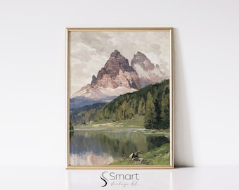 Vintage Mountain Lake Oil Painting: Landscape Art Print (Digital Download)